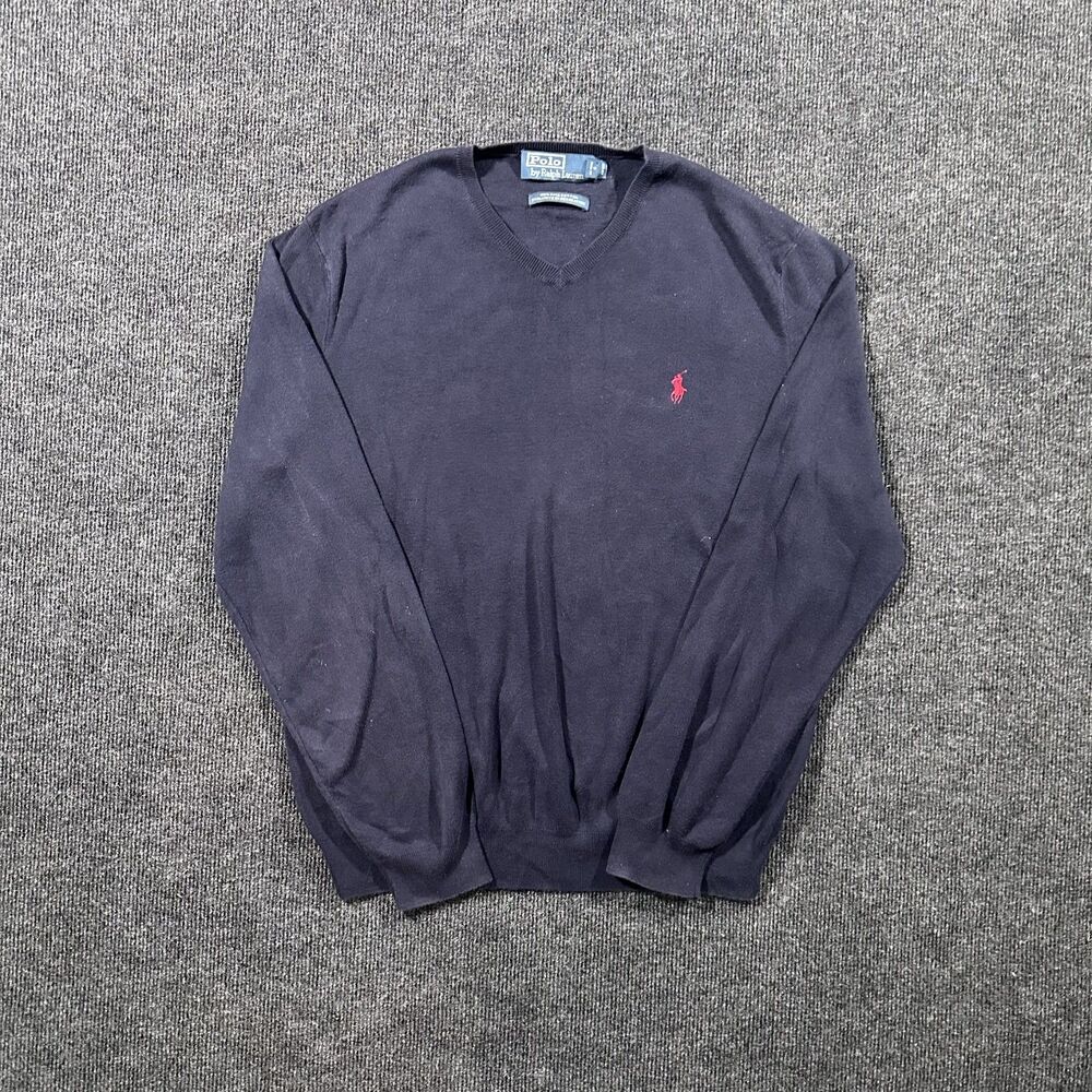 Vintage Polo Ralph Lauren Pima Cotton V-Neck Mens Large Navy Blue Sweater